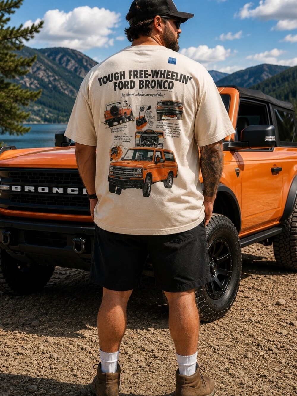 Ford Bronco Tough Free Wheelin’ Graphic Tee XXL Beige Retro Off Road Truck Shirt